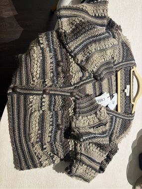 L'AGENCE Chunky Striped Knit Cardigan in Beige and Brown